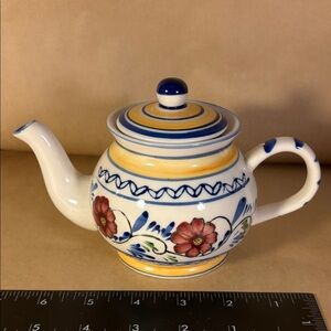Floral Ceramic Teapot with Blue and Yellow Accents
